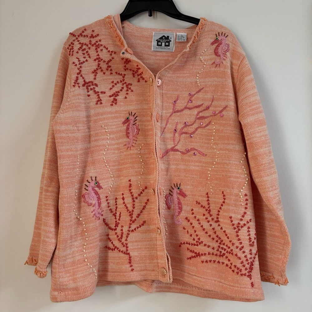 Vintage Storybook Knits Twin Set Cardigan Sweater & Coral Ocean Sea Horse Shells